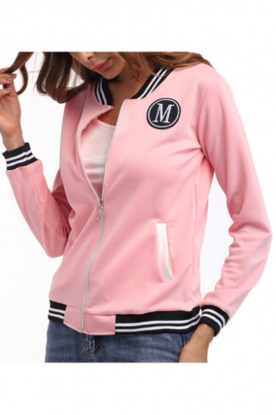 Woemns Simple Letter M Patched Rib Stand Collar Stripe Trim Zip Up Fitted Jacket
