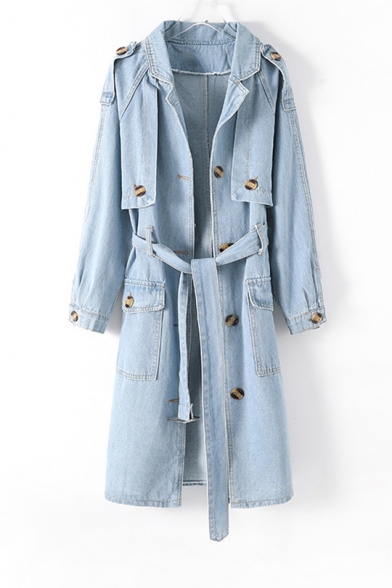 

Women' New Popular Tied Waist Color-Blocked Button Embellished Denim Long Trench Coat, LM557272