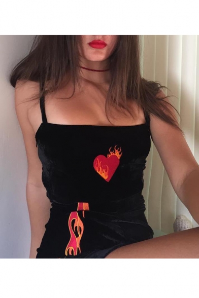 Women's Unique Creative Fire Heart Print Spaghetti Straps Black Cropped T-Shirt