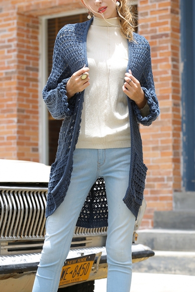 Womens Blue Plain Open-Knit Open Front Long Sleeve Cardigan with Pockets