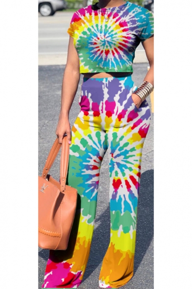 Womens Chic Colorful Tie Dye Painting Short Sleeve Crop Tee with Fitted Pants Two-Piece Co-ords