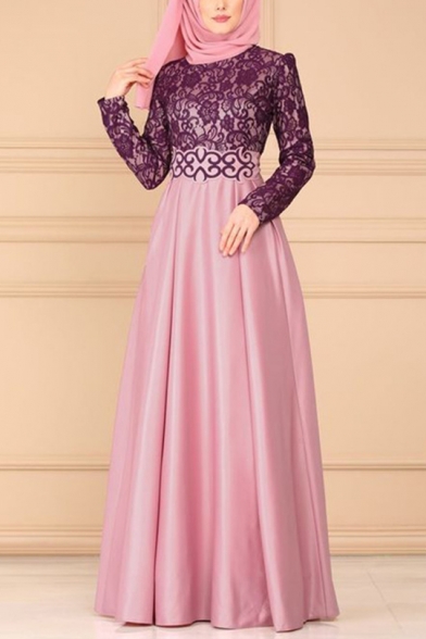 Womens Chic Ethnic Style Fancy Lace Panel Long Sleeve Maxi Swing Dress