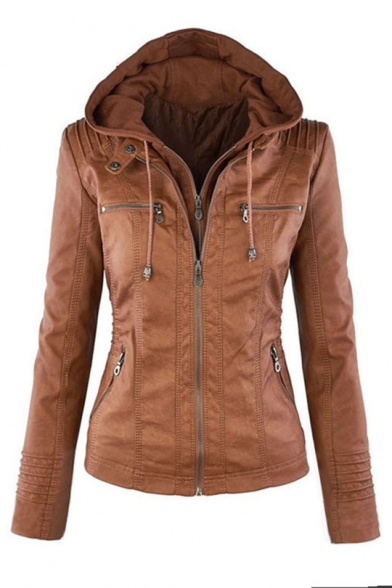 Womens Classic Fashion Simple Plain Long Sleeve Detachable Hooded Zip Up PU Leather Jacket Coat
