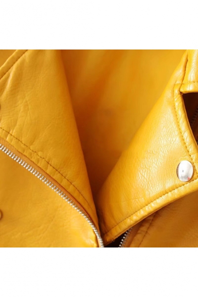 Womens Cool Trendy Rivet Embellished Solid Color Lapel Collar Long Sleeve Zip Up Short Biker Jacket