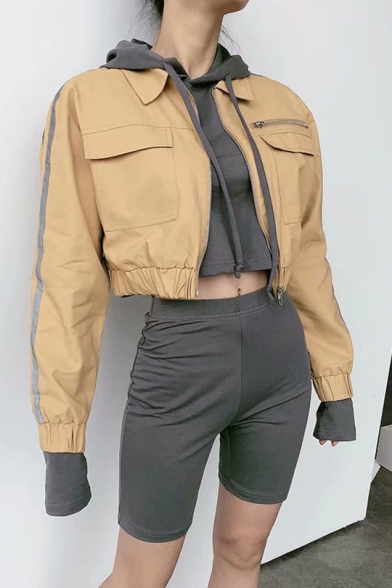 Womens Fashion Cool Stripe Long Sleeve Turn-Down Collar Zip Up Crop Sport Jacket
