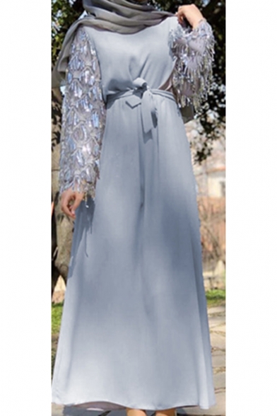 Womens Fashion Round Neck Long Sleeve Bow-Tied Waist Panelled Sequined Plain A-Line Maxi Dress