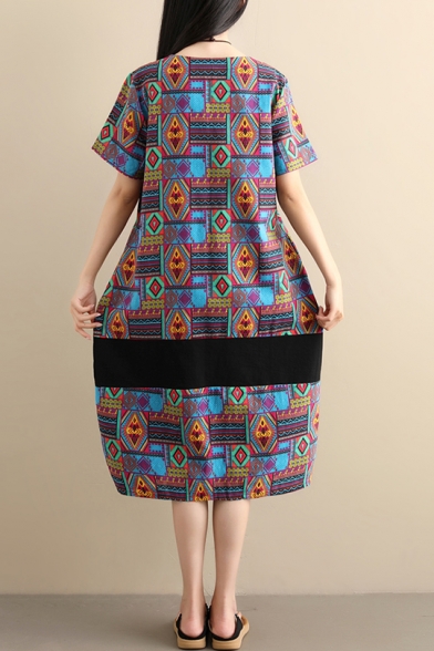 Womens Fashion Round Neck Short Sleeve Tribal Print Midi Shift Dress