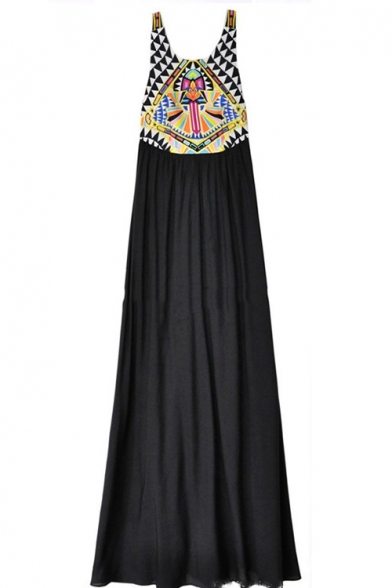 Womens Fashion Scoop Neck Sleeveless Tribal Print Black A-Line Tank Maxi Dress