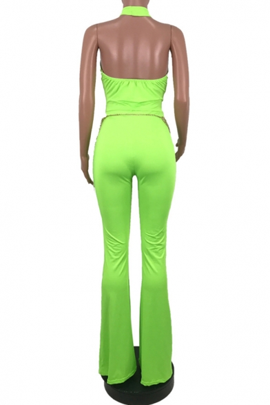 Womens Green Halter Neck Sleeveless Cutout Zip Embellished Sexy Jumpsuits