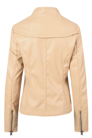 Womens Hot Fashion Long Sleeve High Neck Zipper Front Plain PU Biker Jacket