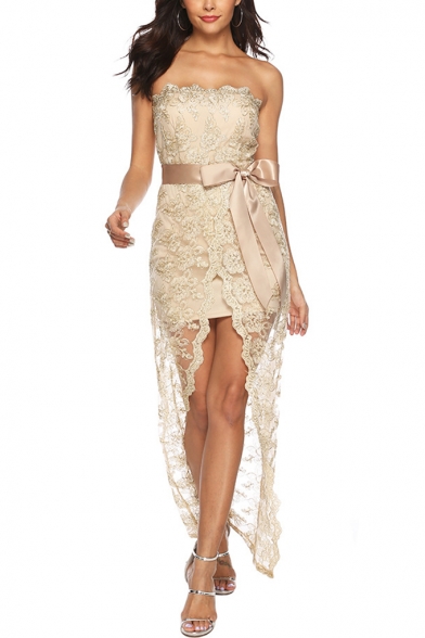 Womens Hot Fashion Off the Shoulder Sleeveless Floral Embroidery Lace Print Tie Split Front Plain Asymmetrical Bodycon Maxi Dress