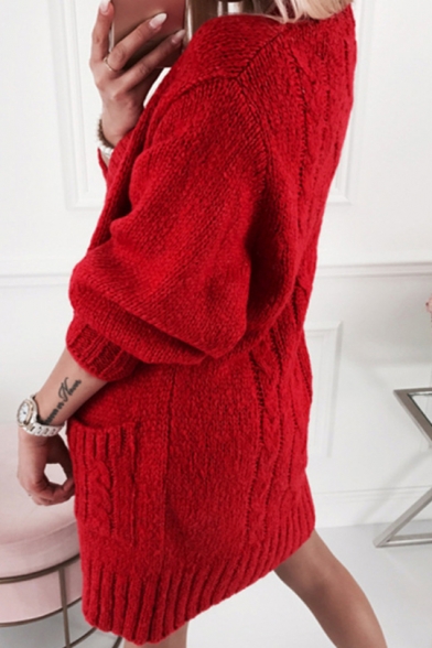 Womens Plain Bloomer Sleeve Ribbed Knit Cardigan Coat