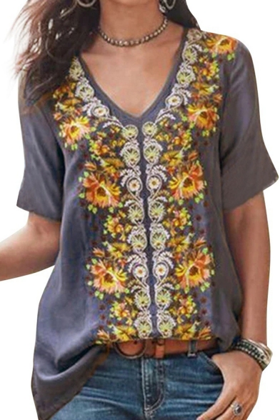 Womens Hot Trendy V Neck Short Sleeve Floral Printed Elegant Loose T Shirt