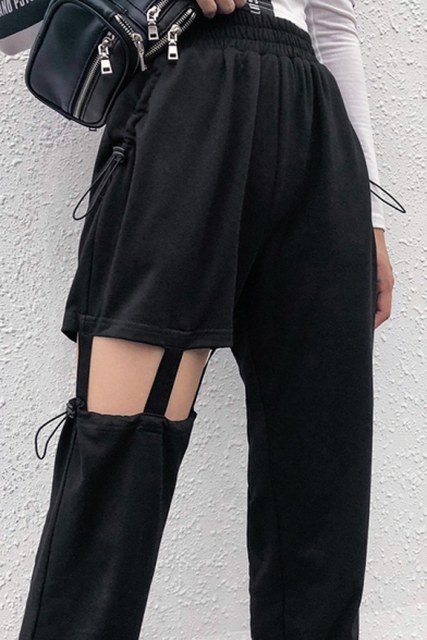 Womens New Fashion Asymmetrical Cut Out Elastic High Waist Cuffed Plain Sweatpants