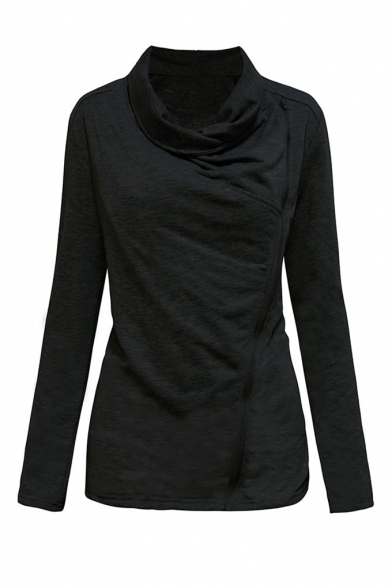 Womens New Fashion Simple Plain Long Sleeve Cowl Neck Side Zip Up Sweatshirt Jacket