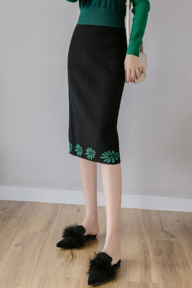 Womens New Stylish Jacquard High Rise Split Back Midi Knit Pencil Skirt