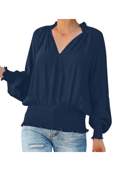 Womens New Stylish Simple Plain V-Neck Long Sleeve Pleated Blouse Top