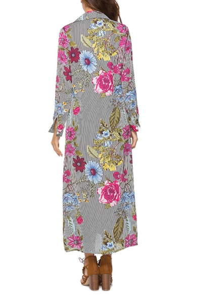 Womens New Trendy Floral Stripe Pattern Lapel Collar Long Sleeve Chiffon Longline Shirt Dress