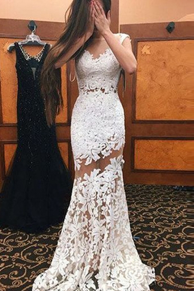 Womens Round Neck Sleeveless White Lace Guipure Backless Eneving Bodycon Floor Length Maxi Dress