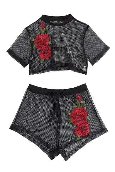 Womens Sexy Black Fishnet Floral Print Patterns Short Sleeve Round Neck Cropped Tee with Elastic Shorts Two Piece Set