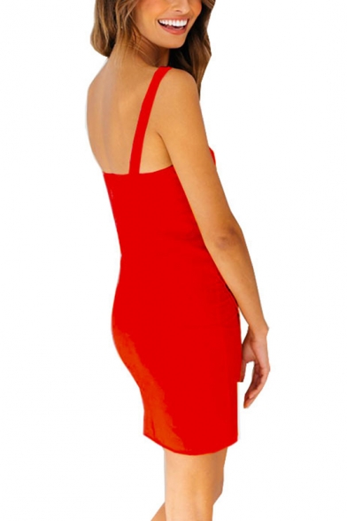 Womens Sexy Square Neck Sleeveless Oblique Single Breasted Plain Asymmetrical Sheath Cami Midi Dress