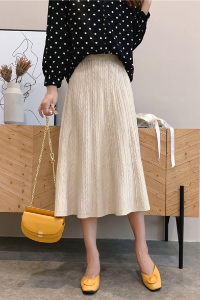 

Womens Simple Plain High Waist Slim Fit Midi Flared Knitted A-Line Skirt, Black;apricot;dark gray;caramel, LM551777