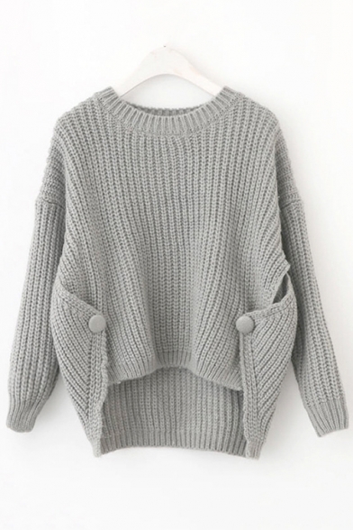 Womens Simple Plain Round Neck Drop Sleeve Loose Knitted Sweater