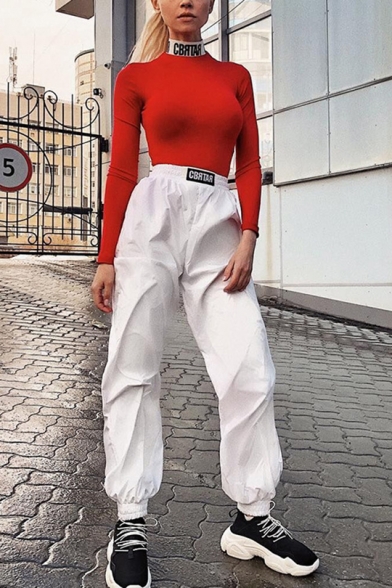 Womens Street Style Unique Letter Elastic Waist Gathered Cuff White Sport Track Pants
