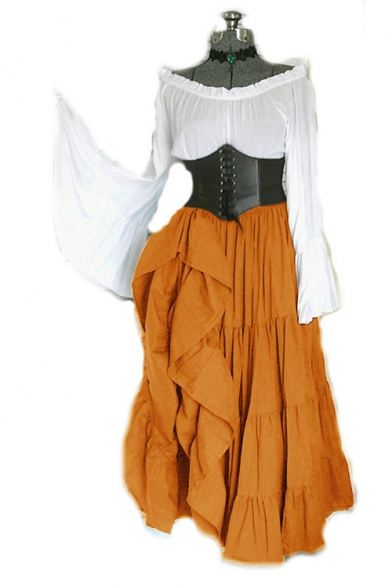 Womens Stylish Vintage Off Shoulder Long Sleeve Corset Waist Maxi Swing Dress