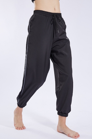 Womens Trendy Black Sheer Mesh Panel Side Drawstring Waist Elastic Cuff Yoga Running Track Pants