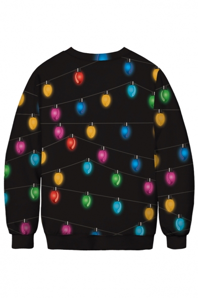 3D Colorful Little Light Pattern Christmas Round Neck Long Sleeve Black Loose Pullover Sweatshirt
