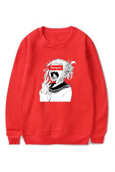 3D SENPAI Letter Comic Ahegao Figure Printed Round Neck Long Sleeve Loose Fit Unisex Pullover Hoodie