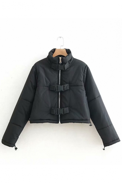 Black Stand Up Collar with Push Buckle Tab Cropped Padded Outerwear Zipper Coat Jacket