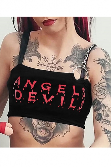 Black Straps Sleeveless ANGELS DEVILS Letter Printed Chain Embellished Womens Cropped Cami