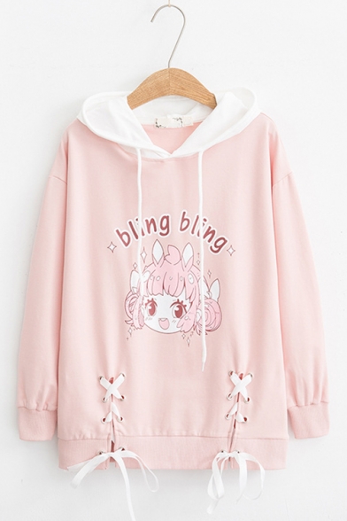 Bling Bling Letter Cartoon Girl Printed Color Block Lace Up Bow Tie Front Long Sleeve Leisure Hoodie