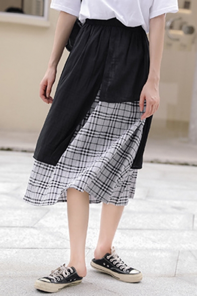 Chic Personalized High Waist Check Printed Asymmetric Patchwork Midi Flared A-Line Skirt