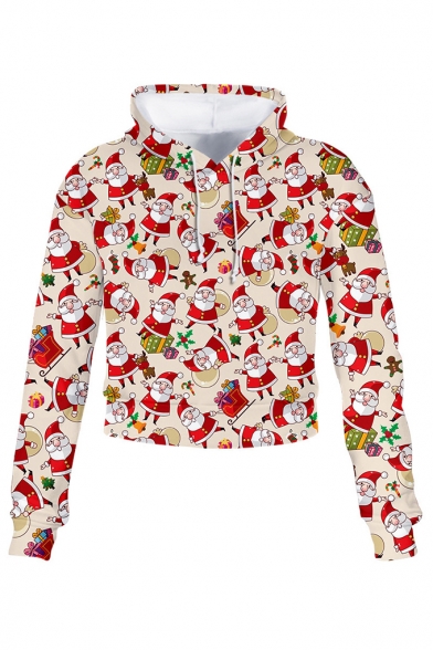 Christmas Santa Print Long Sleeve Cropped Pullover Hoodie