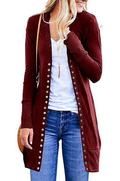 Classic Solid Color Single Breasted Long Sleeve Longline Open Front Coat