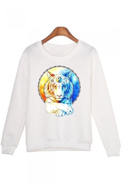 Cool 3D Ice and Fire Tiger Printed Round Neck Long Sleeve White Sweatshirt