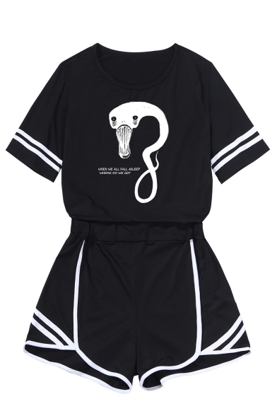 Cool Simple Letter Printed Contrast Stripe Black Short Sleeve Tee with Shorts Two-Piece Set