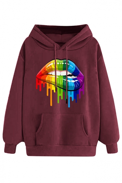 Fashion Colorful Lip Printed Long Sleeve Hoodie With Pocket