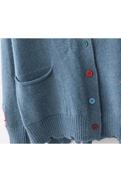 Fashion Long Sleeve V Neck Single Breasted Cartoon Embroidered Asymmetric Hem Knitted Cardigan