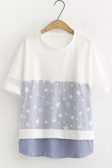 Fashion Short Sleeve Round Neck Star Striped Printed Mesh Patch T Shirt