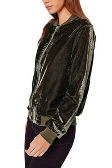 Fashion Solid Color Stand Collar Long Sleeve True Velvet Zipper Short Jacket Coat