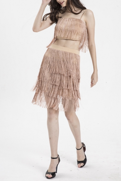 Fashion Strap Sleeveless with Elastic Waist Midi Skirt Apricot Fringe Trim Two Piece Set