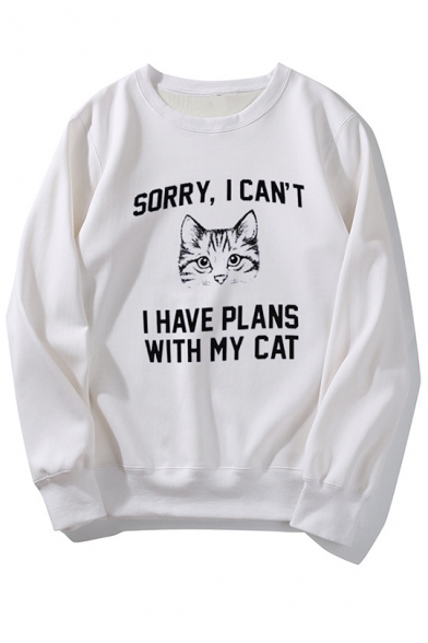 

Funny Letter I Have Plans With My Cat Printed Long Sleeve Round Neck Casual Leisure Pullover Sweatshirt, White;gray, LM554597