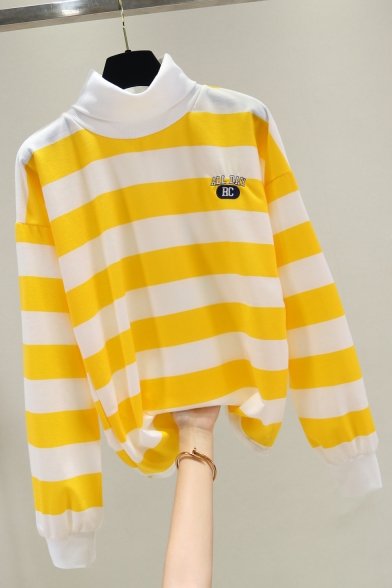 Girl's Letter BC Embroidered High Neck Striped Long Sleeve Yellow Pullover Sweatshirt