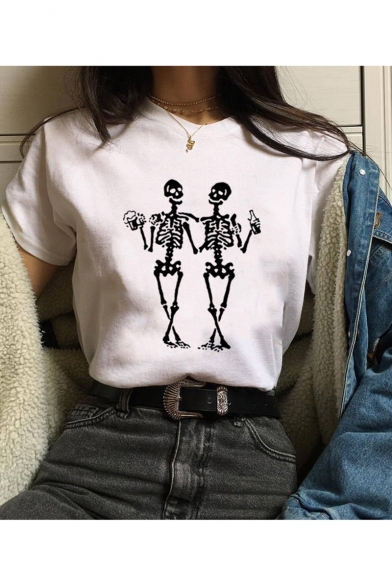 Girls Unique Creative Skull Pattern Round Neck Short Sleeve Casual T-Shirt