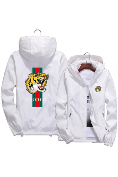 GUOOI Tiger Pattern Print Zipper Pockets Plain Hooded Zip Up Jacket Coat
