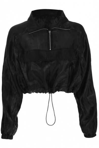 Half-Zip Stand Collar Black Plain Long Sleeve Casual Crop Sweatshirt With Pocket